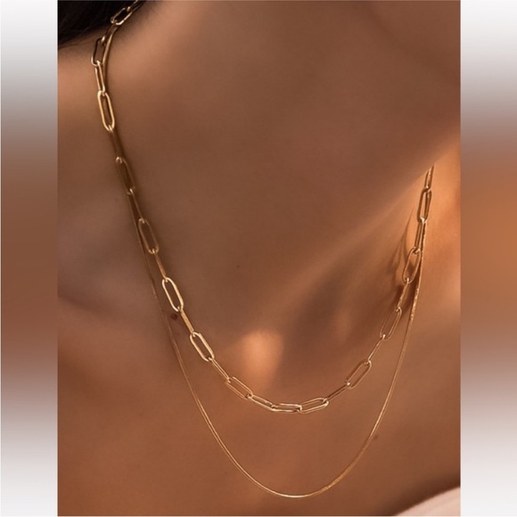 18k Gold Plated Paperclip Chain Necklace Layered Dainty Chain - Picture 1 of 4